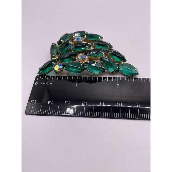 Open Back Green And Aurora Borealis Navette Rhinestone Vintage Brooch Pin - Picture 9 of 11